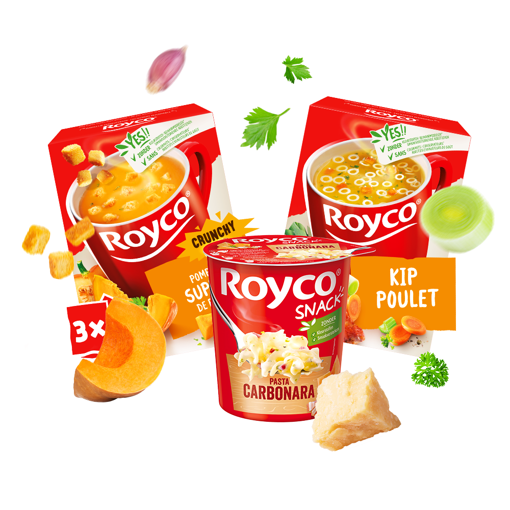 Royco soep kip, pompoen en Royco snack pasta carbonara